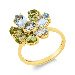 Ring Blume aus 750 Gold Gelbgold 8 Topase 4,6ct skyblue B:13,2mm