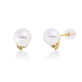 Ohrstecker 750 Gelbgold 2 Süßwasser-Perlen 7,5mm weiß 6 Brillanten 0,05ct W-SI