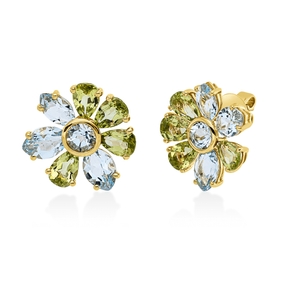 Ohrstecker Blumen aus 750 Gold Gelbgold 16 Topase 8,9ct skyblue 13,8x14mm