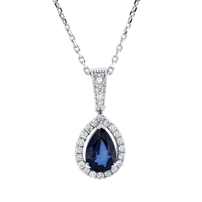 Collier Tropfen 750 Weißgold Saphir 0,68ct blau 24 Brillanten 0,15ct F-SI L:45cm