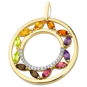 Anhänger Kreis Ø 28,6mm aus 585 Gelbgold 12 bunte Edelsteine 20 Diamanten Anhänger Kreis Ø 28,6mm aus 585 Gelbgold 12 bunte Edelsteine 20 Diamanten