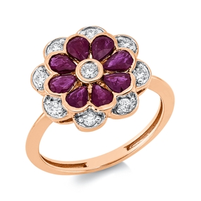 Ring Blume aus 750 Rotgold 8 Rubine 1,05ct rot 9 Diamanten 0,26ct TW-SI B:14,2mm