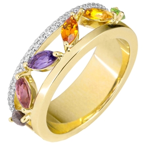 Ring Damenring aus 585 Gold Gelbgold 6 bunte Edelsteine 26 Diamanten 0,169 Ct.