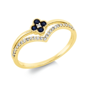 Ring aus 750 Gelbgold 4 Saphire 0,16ct blau 26 Brillanten 0,11ct TW-SI B:7,4mm