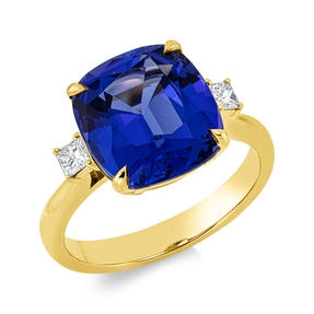 Ring 750 Gelbgold Tansanit 5,95ct blau 2 Diamanten Prinzess-Schliff 0,17ct TW-SI