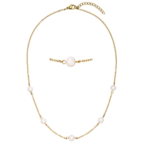 Collier Halskette aus Edelstahl vergoldet mit 5 Süßwasser Perlen weiß 42-46cm