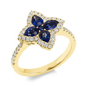 Ring Blume 750 Gelbgold 5 Saphire 1,17ct blau 44 Brillanten 0,34ct TW-SI B:14,7mm