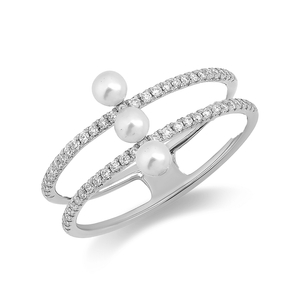 Ring 2-reihig 750 Weißgold 3 Süßwasser-Perlen 3mm weiß mit Brillanten B:10,2mm