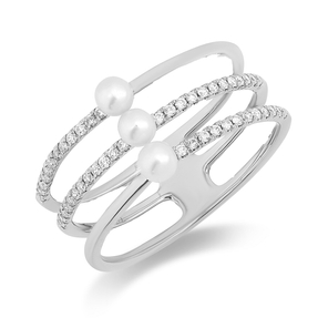 Ring 3-reihig 750 Weißgold 3 Süßwasser-Perlen 3mm weiß mit Brillanten B:8,9mm
