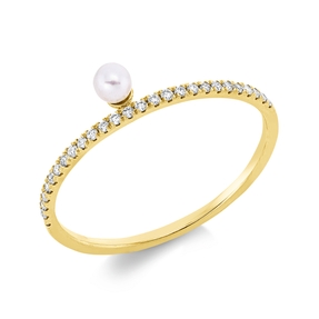Ring aus 750 Gelbgold Süßwasser-Perle 3mm weiß 27 Brillanten 0,09ct TW-SI