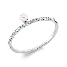 Ring aus 750 Weißgold Süßwasser-Perle 3mm weiß 27 Brillanten 0,09ct TW-SI