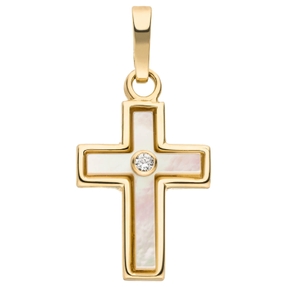 Anhänger Kreuz 15,7x9,8mm aus 375 Gelbgold mit Diamant-Brillant und Perlmutt Anhänger Kreuz 15,7x9,8mm aus 375 Gelbgold mit Diamant-Brillant und Perlmutt