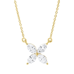 Collier Blume aus 750 Gelbgold 4 Diamanten Navette-Schliff 0,37ct TW-SI L:45cm