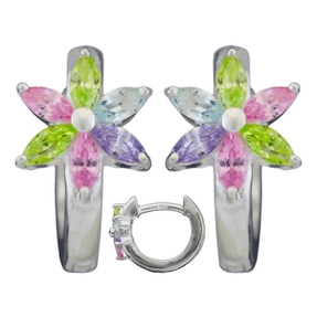 Paar Creolen Ohrringe 13x1,7mm Blüte Zirkonia farbig 925 Silber glänzend Kinder
