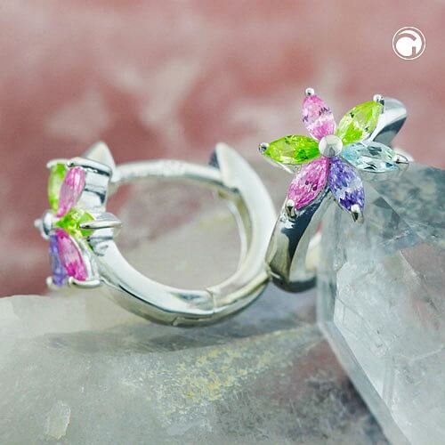 Creole Ohrringe 13x1.7mm Klappscharnier Blüte farbige Zirkonias glänzend 925 Silber