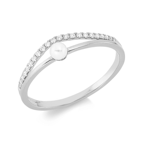 Ring aus 750 Weißgold Süßwasser-Perle 3mm weiß 21 Brillanten 0,1ct TW-SI