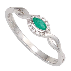 Ring Damenring aus 375 Gold Weißgold mit Smaragd grün & 10 Diamanten 0,04 Ct.
