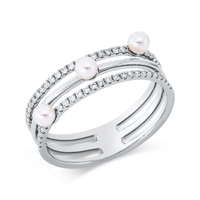 Ring 3-reihig aus 750 Weißgold 3 Süßwasser-Perlen 3mm weiß mit Brillanten B:7mm