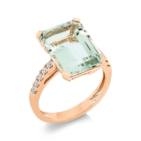 Ring aus 750 Rotgold Amethyst 6,8ct grün 10 Brillanten 0,23ct TW-SI B:12,3mm