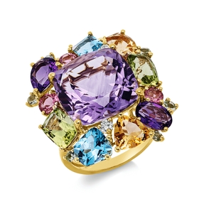 Ring 750 Gelbgold 18 Farbsteine 17,66ct mehrfarbig 3 Brillanten 0,12ct TW-SI B:23mm Ring 750 Gelbgold 18 Farbsteine 17,66ct mehrfarbig 3 Brillanten 0,12ct TW-SI B:23mm