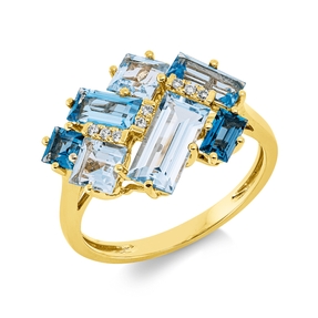 Ring aus 750 Gelbgold 7 Topase 3,3ct London Blue 8 Brillanten 0,05ct TW-SI B:13,4mm Ring aus 750 Gelbgold 7 Topase 3,3ct London Blue 8 Brillanten 0,05ct TW-SI B:13,4mm