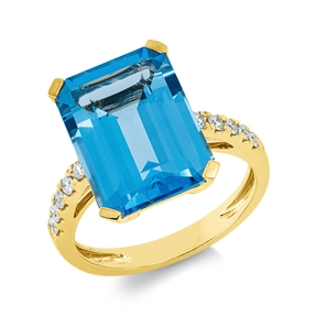 Ring aus 750 Gelbgold Topas 10ct blau 10 Brillanten 0,23ct TW-SI B:14,4mm