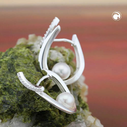 Ohrring Creole Klappscharnier 23x15mm mit Zirkonias und Zuchtperle 925 Silber