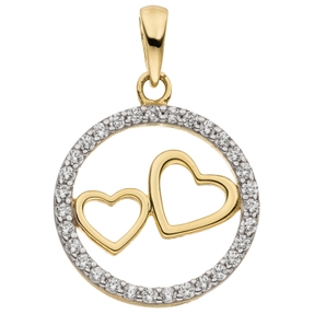 Anhänger Zwei Herzen im Kreis aus 333 Gold Gelbgold bicolor 31 Zirkonia Ø 15mm Anhänger Zwei Herzen im Kreis aus 333 Gold Gelbgold bicolor 31 Zirkonia Ø 15mm