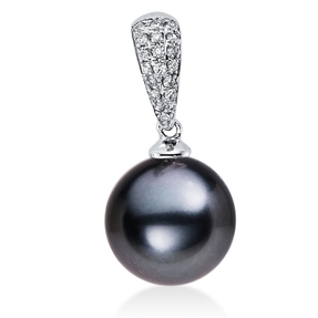 Anhänger aus 750 Weißgold Tahiti-Perle 10mm dunkel 19 Brillanten 0,06ct W-SI