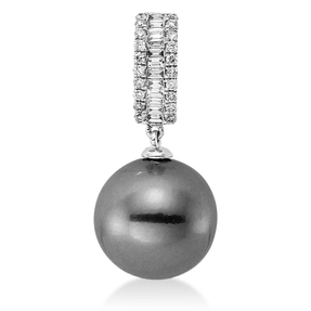Anhänger aus 750 Weißgold Tahiti-Perle 12,5mm grau 32 Diamanten 0,26ct W-SI