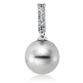 Anhänger aus 750 Weißgold Tahiti-Perle 10mm silbergrau 18 Brillanten 0,05ct W-SI