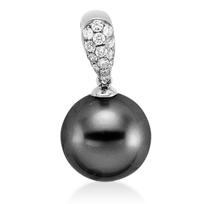 Anhänger aus 750 Weißgold Tahiti-Perle 11mm dunkel 14 Brillanten 0,12ct TW-SI