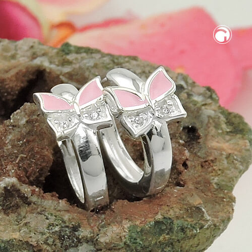 Creole Ohrringe 11x2mm Klappscharnier Schmetterling rosa lackiert Zirkonias 925 Silber