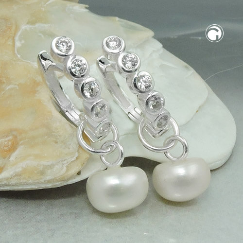 Creole Ohrring 24x3mm Klappscharnier 7mm halbrunde Süßwasserzuchtperle mit 5 Zirkonias 925 Silber