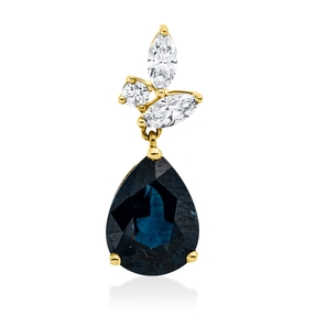 Anhänger aus 750 Gelbgold Saphir 1,51ct blau 3 Diamanten 0,14ct 16,5x6mm