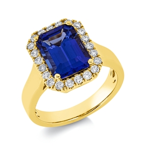 Ring aus 750 Gelbgold Tansanit 3,58ct blau 22 Brillanten 0,38ct TW-SI B:14,6mm