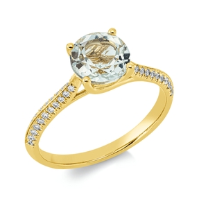 Ring aus 750 Gelbgold Amethyst 1,26ct grün 44 Brillanten 0,14ct TW-SI Ø7mm
