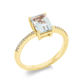 Ring aus 750 Gelbgold Amethyst 1,41ct grün 20 Brillanten 0,07ct TW-SI B:8,3mm