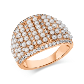 Ring aus 750 Rotgold 66 Süßwasser-Perlen 1,8mm weiß 64 Brillanten 0,58ct TW-SI