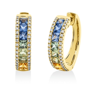 Creolen aus 750 Gelbgold 16 Saphire 1,9ct blau 76 Brillanten 0,3ct TW-SI 18x4,5mm Creolen aus 750 Gelbgold 16 Saphire 1,9ct blau 76 Brillanten 0,3ct TW-SI 18x4,5mm