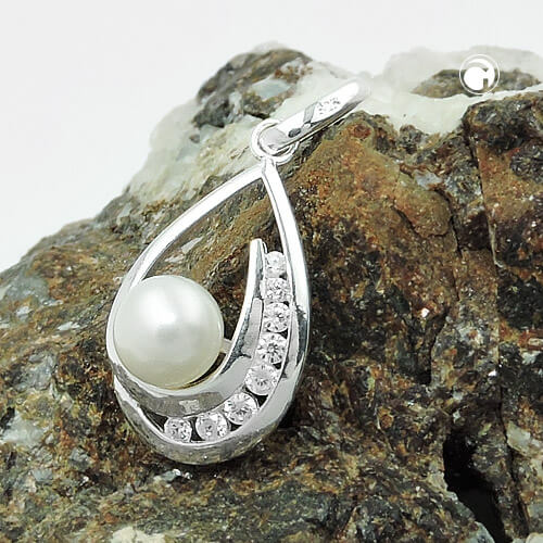 Anhänger 25x10mm Süßwasserzuchtperle mit Zirkonias 925 Silber