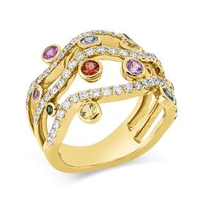 Ring 750 Gelbgold 12 Saphire 0,78ct mehrfarbig 65 Brillanten 0,74ct TW-VSI B:17,1mm Ring 750 Gelbgold 12 Saphire 0,78ct mehrfarbig 65 Brillanten 0,74ct TW-VSI B:17,1mm