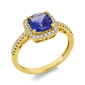 Ring aus 750 Gelbgold Tansanit 1,45ct blau 40 Brillanten 0,22ct TW-SI B:9,6mm