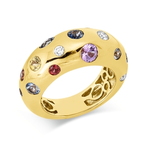Ring aus 750 Gelbgold 14 Saphire 2,04ct mehrfarbig 4 Brillanten 0,19ct TW-VSI B:9mm