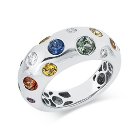 Ring aus 750 Weißgold 14 Saphire 2,1ct mehrfarbig 4 Brillanten 0,18ct TW-VSI B:9mm