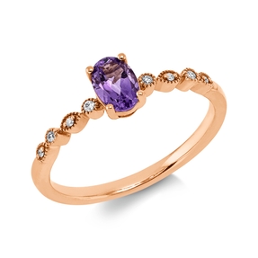 Ring aus 750 Rotgold Amethyst 0,6ct lila 8 Brillanten 0,03ct TW-SI B:6mm 4er-Krappe Ring aus 750 Rotgold Amethyst 0,6ct lila 8 Brillanten 0,03ct TW-SI B:6mm 4er-Krappe