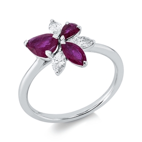 Ring aus 750 Weißgold 3 Rubine 1,05ct rot 3 Diamanten Navette-Schliff 0,36ct TW-SI Ring aus 750 Weißgold 3 Rubine 1,05ct rot 3 Diamanten Navette-Schliff 0,36ct TW-SI
