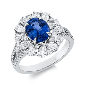 Ring aus 750 Weißgold Saphir 2,26ct blau 54 Diamanten 1,57ct TW-SI B:15,1mm
