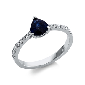 Ring aus 750 Weißgold Saphir 1ct blau 16 Brillanten 0,15ct TW-SI B:7mm