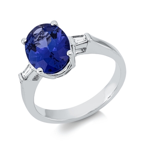 Ring 750 Weißgold Tansanit 2,71ct blau 2 Diamanten Baguette-Schliff 0,15ct TW-SI